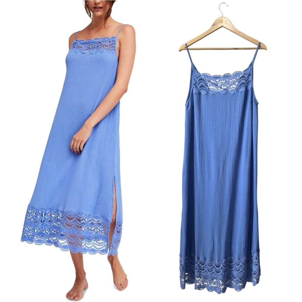 Intimately Free People Abbie Cotton Crochet Sleeveless Maxi Dress Blue Size L